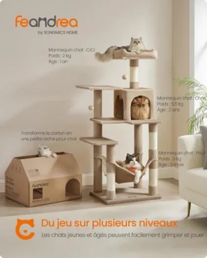 Arbre à Chat Hauteur 143 cm, Tour de Jeux pour Chats, avec 4 Poteaux à Griffer, 2 Plateformes, 1 Niche, 1 Hamac, 2 Pompons, en Tissu Peluche, Multi-Niveaux, Marron Camel PCT161K01 L (55 x 45 x 143 cm) Marron Camel