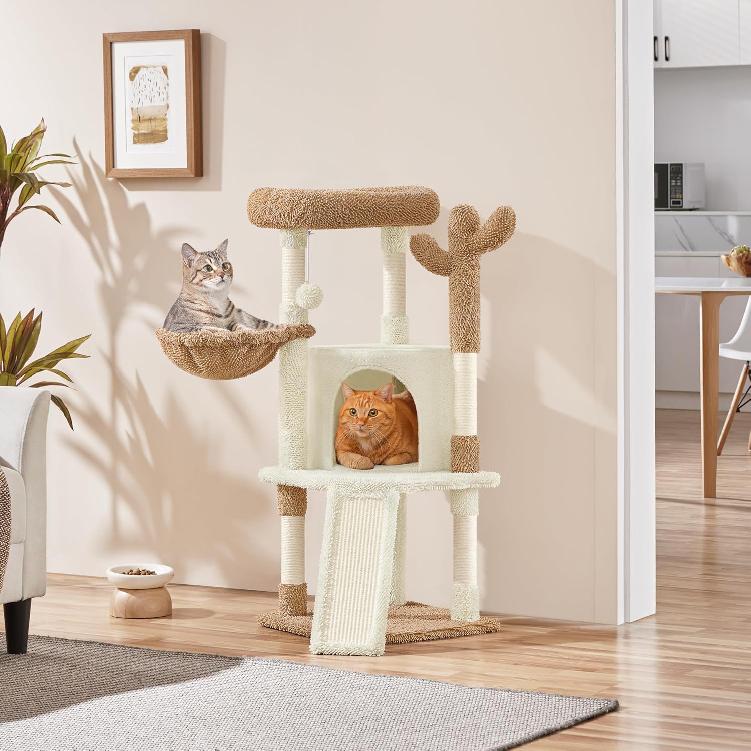 Arbre à Chat Cactus Hauteur 106,5 cm Tour pour Chat en Tissu Moppy avec Poteaux en Sisal Plateformes Niche Panier Perchoir Griffoirs Maison (Beige/Marron) Beige/Marron 43 x 43 x 107 cm