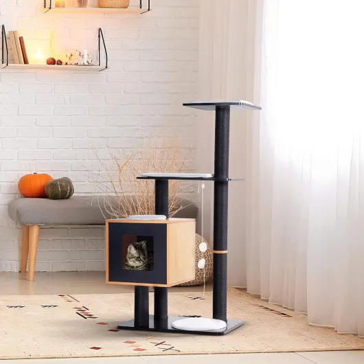 Arbre à Chats Design Contemporain griffoirs grattoirs sisal Naturel Centre d'activités Niche Plate-Formes Jeu Boules suspendues 71,5L x 49,5l x 120H cm MDF Noir hêtre