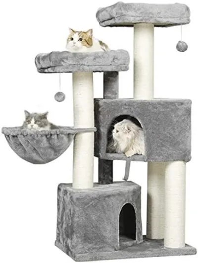 Arbre à Chat XXL Stable avec Griffoir en Sisal, 2 Grandes Plateformes, pour Grands Chats Gris Clair + Blanc