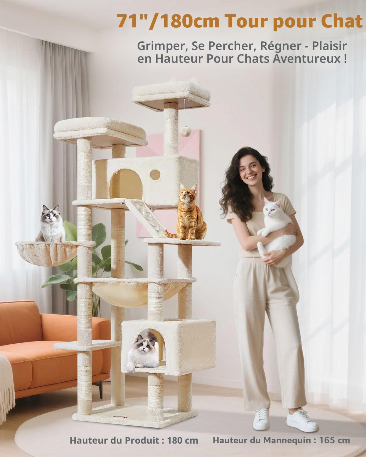 Taoqimiao Arbre a Chat Maine Coon,180cm Stable Arbres à Chat XXL avec 2 Condos Spacieux pour Chats, 8 Griffers, 2 Plateformes, Panier pour Matou, Confortable Hamac, Beige MS026LM beige XL (180cm / 71 inch )