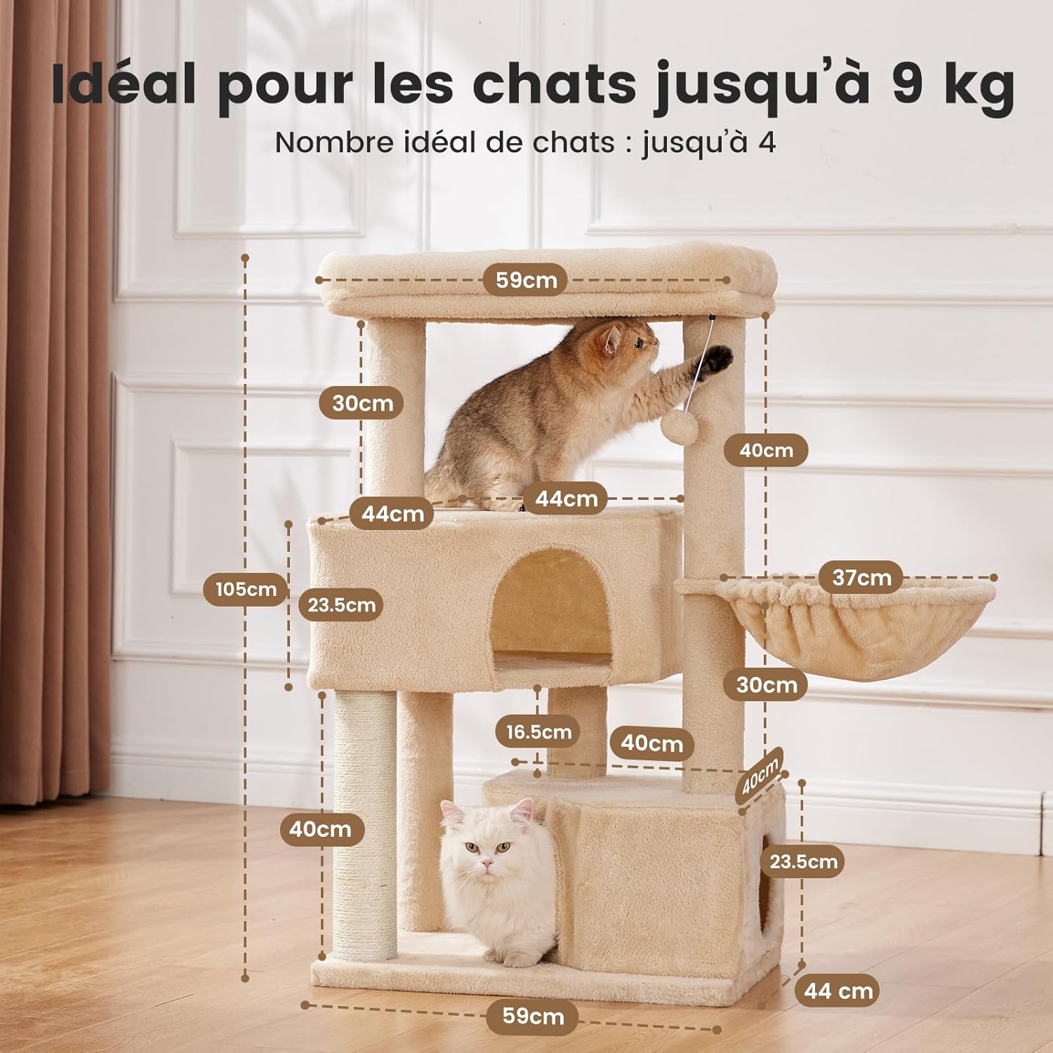 Arbre à Chat Griffoir XXL Tour d'escalade Extra Solide 4 Niveaux 105cm, Arbres d'activité Stable avec Condo Hamacs Plateformes Poteaux en Sisal pour Petit Gros Chats Support 9kg - Beige Beige M (59 x 44 x 105 cm)