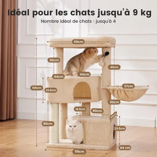 Arbre à Chat Griffoir XXL Tour d'escalade Extra Solide 4 Niveaux 105cm, Arbres d'activité Stable avec Condo Hamacs Plateformes Poteaux en Sisal pour Petit Gros Chats Support 9kg - Beige Beige M (59 x 44 x 105 cm)