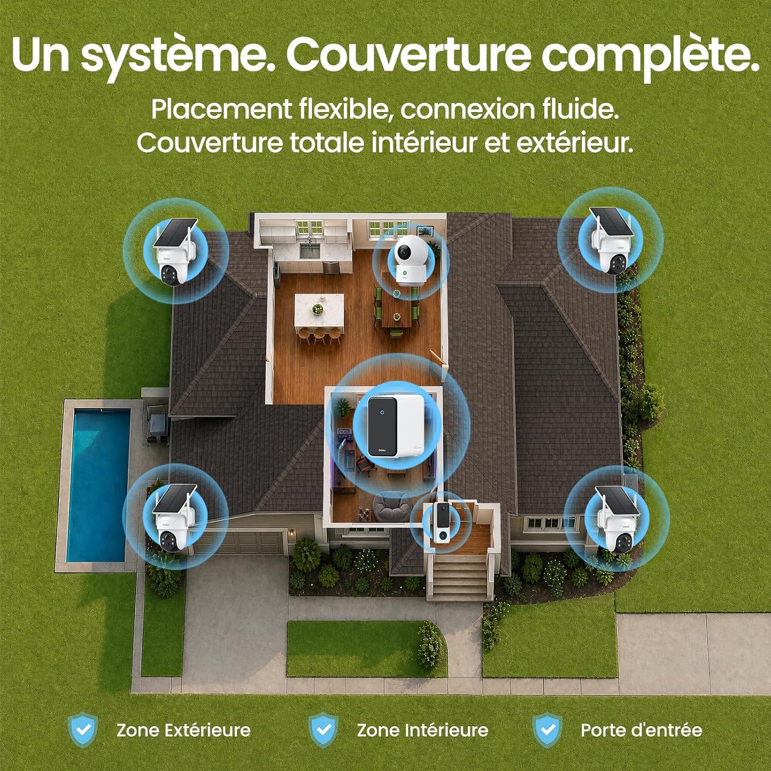3K 5MP Camera Surveillance WiFi Exterieure Sans Fil Solaire Kit avec 2K Sonnette Vidéo et Camera Interieur, Protection 360°, Alertes IA, Suivi Multi-Caméras, Vision Nocturne, 32GB Extensible 16TB