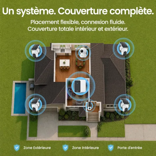 3K 5MP Camera Surveillance WiFi Exterieure Sans Fil Solaire Kit avec 2K Sonnette Vidéo et Camera Interieur, Protection 360°, Alertes IA, Suivi Multi-Caméras, Vision Nocturne, 32GB Extensible 16TB