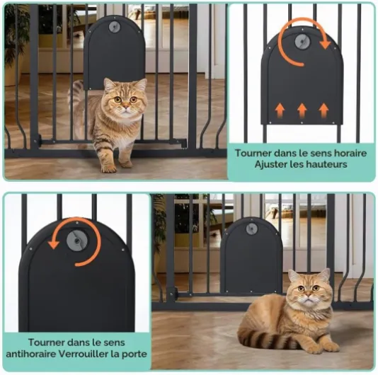 Barriere de Securite Chien avec Porte Ajustable pour Chat, 75-123cm Barriere de Securite Enfant Extra Wide pour Escaliers et Portes, Barrière à Fermeture Automatique, 76cm de Haut (Noir)