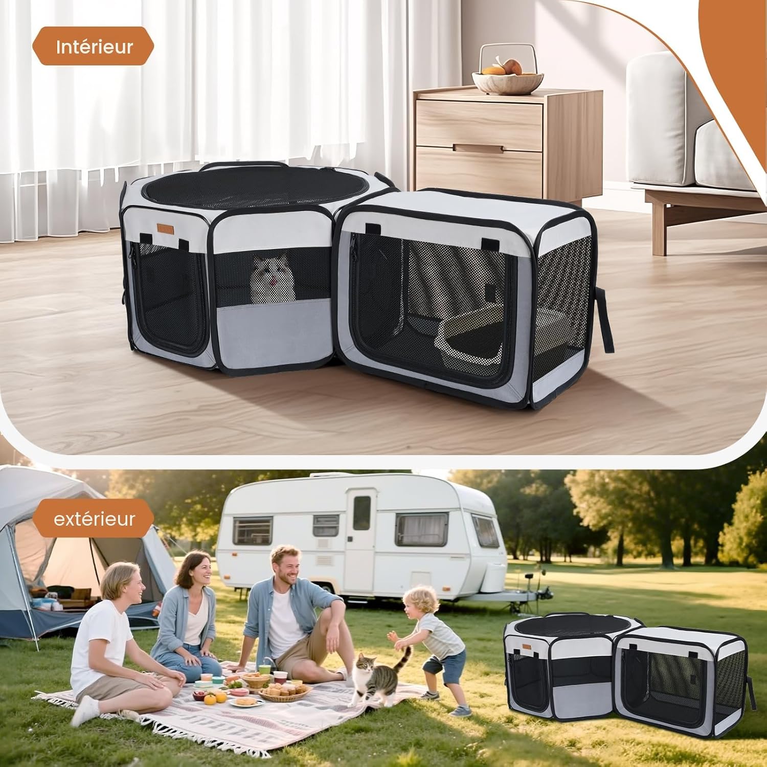 Enclos pour Chats 2-en-1, Parc pour Chiens et Petits Animaux Intérieur/Extérieur 120 × 40 cm, Tente Portable Pliable avec Sac de Transport – Utilisable Séparément, Gris