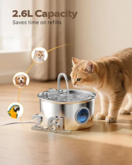 Fontaine a Eau Chat INOX: Fontaine à Eau pour Chat Acier Inoxydable Automatique avec Fenêtre de Niveau d'eau - 2,6L Silencieuse Distributeur d'eau Électrique avec Robinet pour Petits Chiens